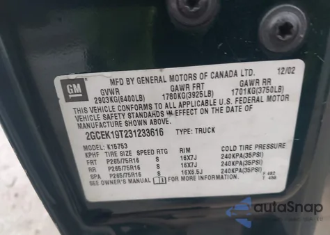 2003 Chevrolet Silverado 1500 Ls from USA, damaged, VIN 2GCEK19T231233616